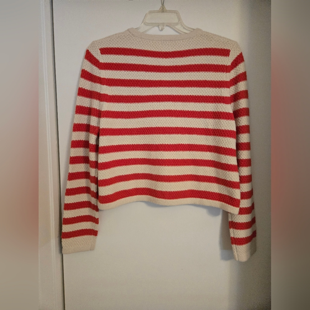 A New Day Red Cream Striped Lady Jacket Coastal Mariner Knit Cardigan. - Picture 4 of 5